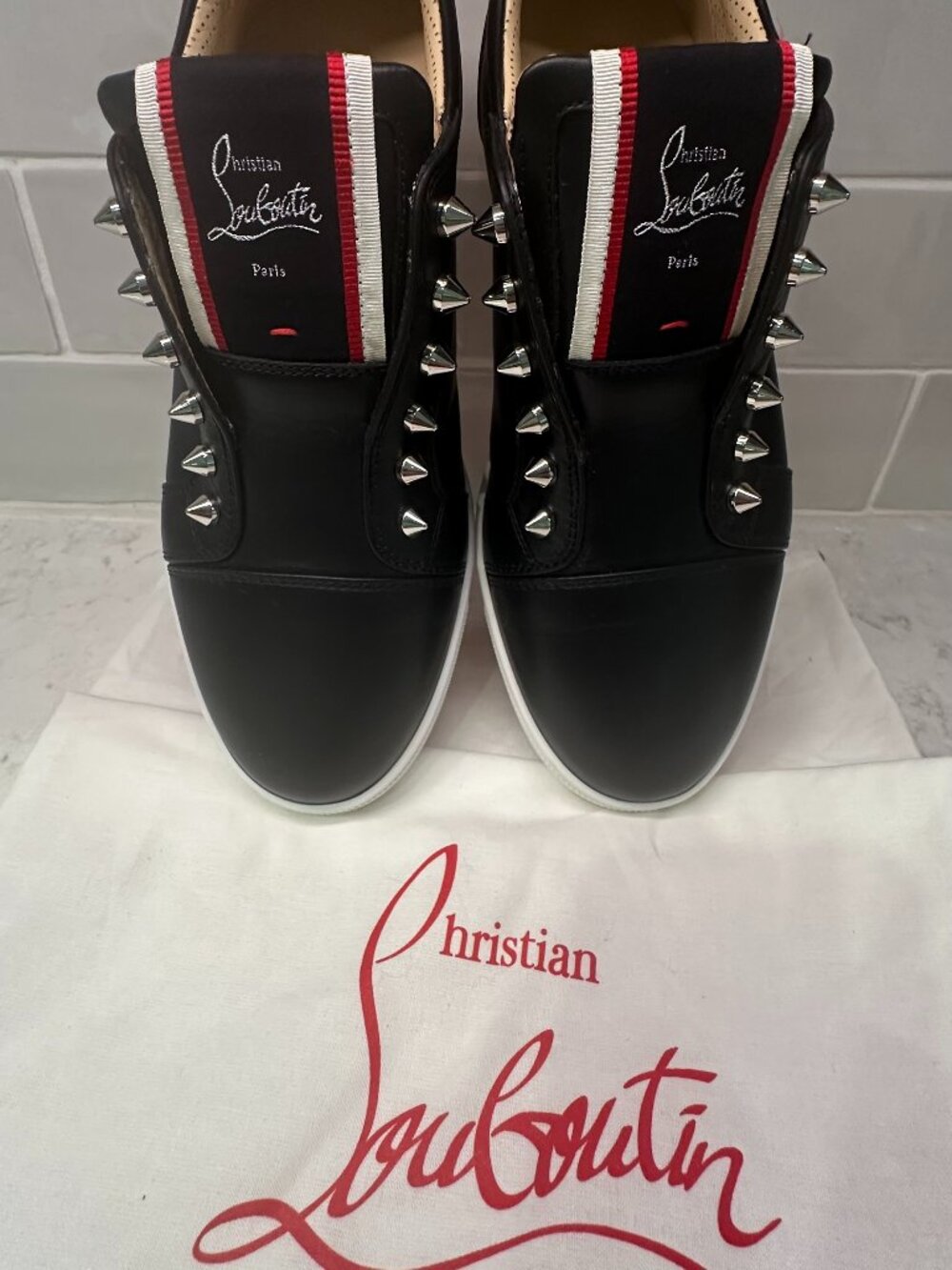 CHRISTIAN LOUBOUTIN F.A.V. FIQUE A VONTADE BLACK CALFSKIN SLIP-ON SNEAKERS. EUC